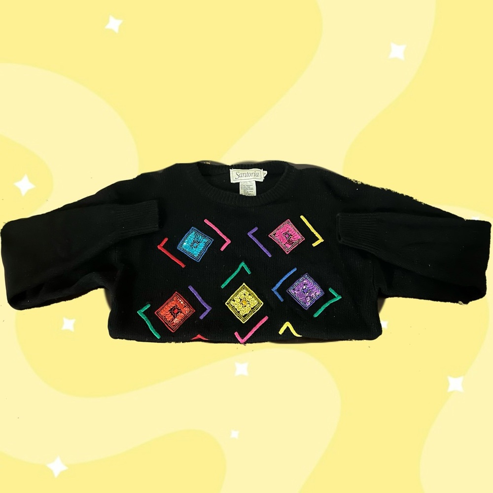 Vintage Black Sweater with Colorful Geometric Patterns